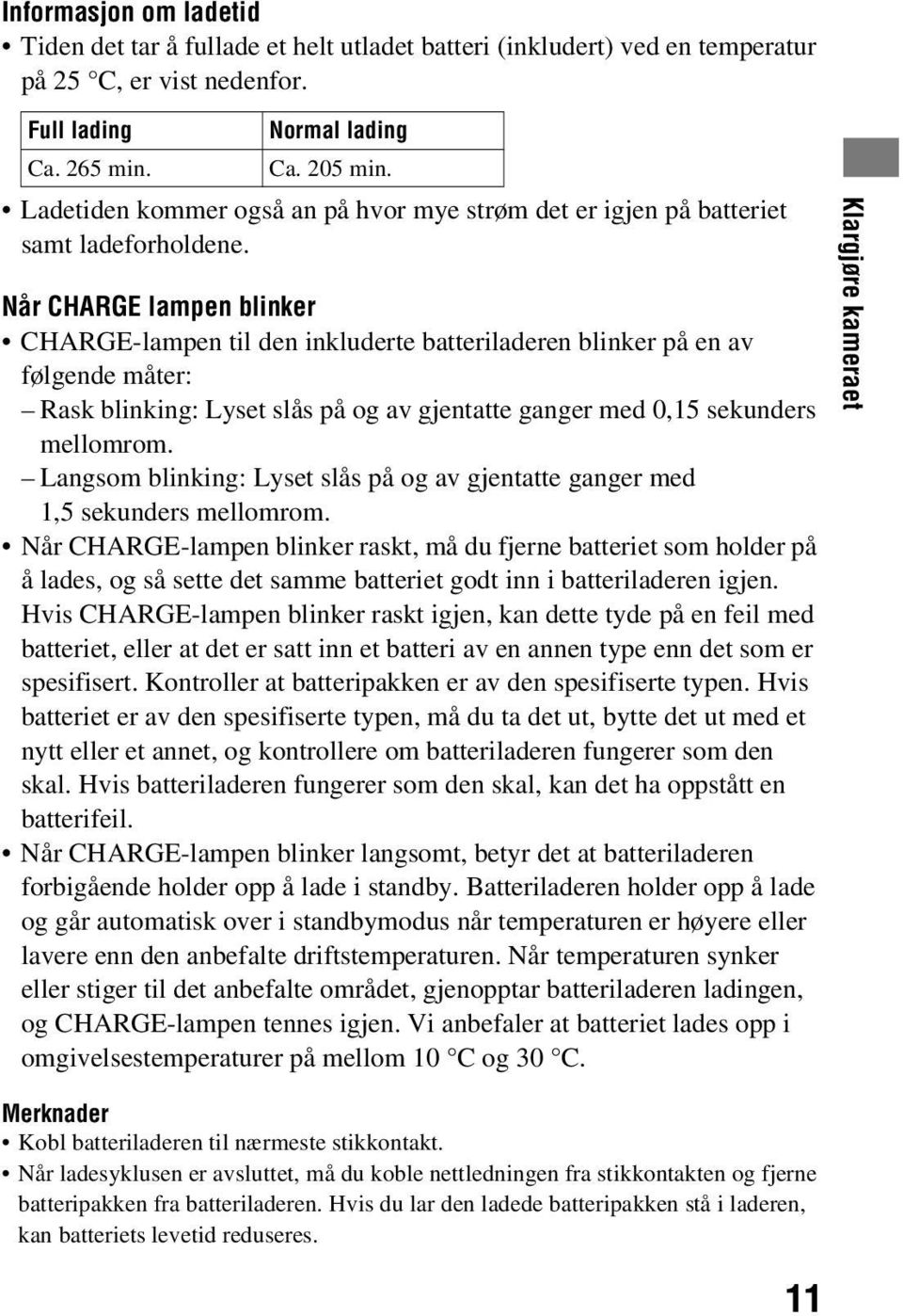 Når CHARGE lampen blinker CHARGE-lampen til den inkluderte batteriladeren blinker på en av følgende måter: Rask blinking: Lyset slås på og av gjentatte ganger med 0,15 sekunders mellomrom.