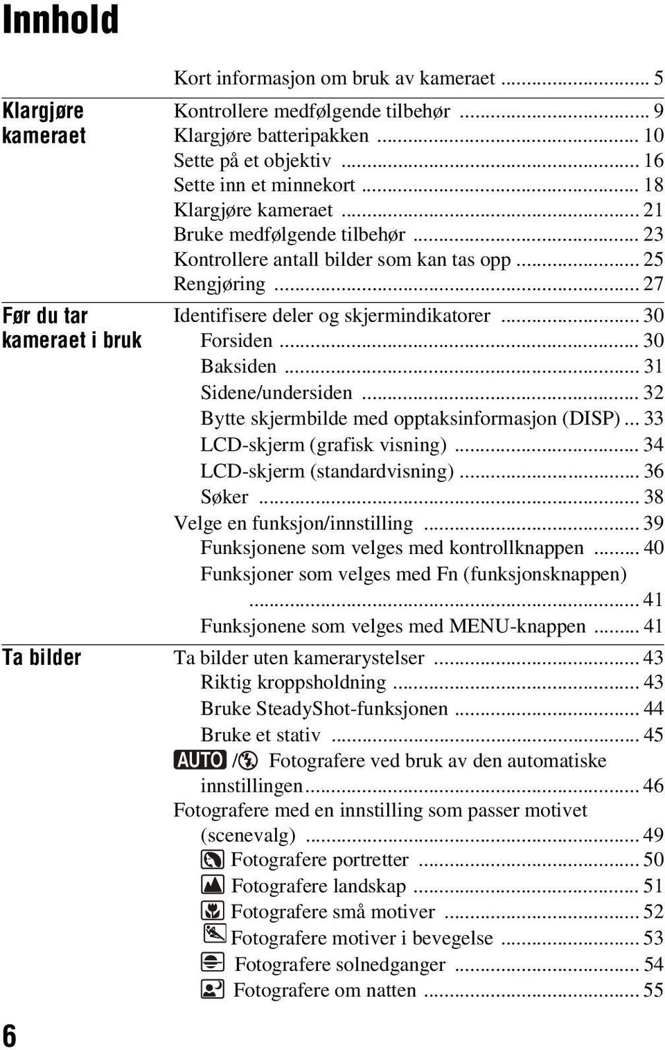 .. 30 Forsiden... 30 Baksiden... 31 Sidene/undersiden... 32 Bytte skjermbilde med opptaksinformasjon (DISP)... 33 LCD-skjerm (grafisk visning)... 34 LCD-skjerm (standardvisning)... 36 Søker.