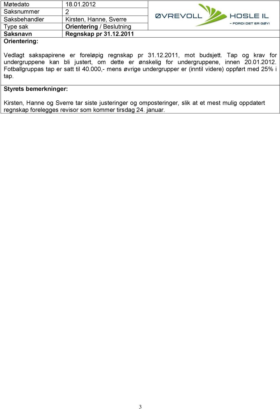 Tap og krav for undergruppene kan bli justert, om dette er ønskelig for undergruppene, innen 20.01.2012.