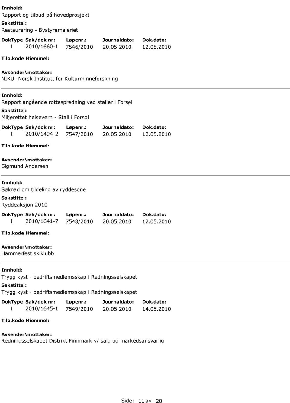 av ryddesone Ryddeaksjon 2010 2010/1641-7 7548/2010 Hammerfest skiklubb Trygg kyst - bedriftsmedlemsskap i Redningsselskapet Trygg kyst -