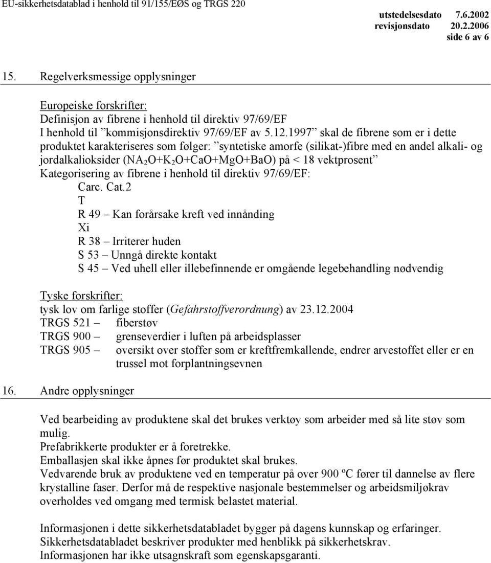 Kategorisering av fibrene i henhold til direktiv 97/69/EF: Carc. Cat.