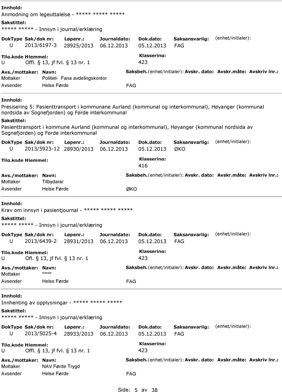 asienttransport i kommune Aurland (kommunal og interkommunal), Høyanger (kommunal nordsida av Sognefjorden) og Førde interkommunal 2013/5923-12 28930/2013 ØKO 416 Avs./mottaker: Navn: Saksbeh. Avskr.