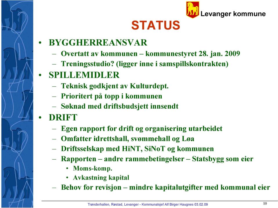 Prioritert på topp i kommunen Søknad med driftsbudsjett innsendt DRIFT Egen rapport for drift og organisering utarbeidet Omfatter idrettshall,