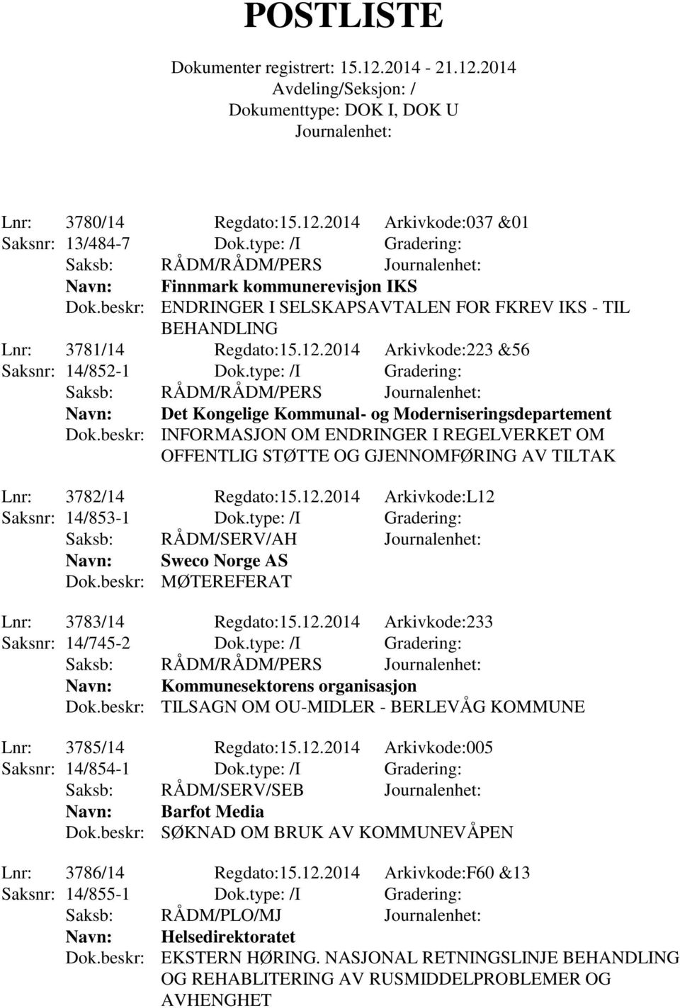 type: /I Gradering: Navn: Det Kongelige Kommunal- og Moderniseringsdepartement Dok.beskr: INFORMASJON OM ENDRINGER I REGELVERKET OM OFFENTLIG STØTTE OG GJENNOMFØRING AV TILTAK Lnr: 3782/14 Regdato:15.