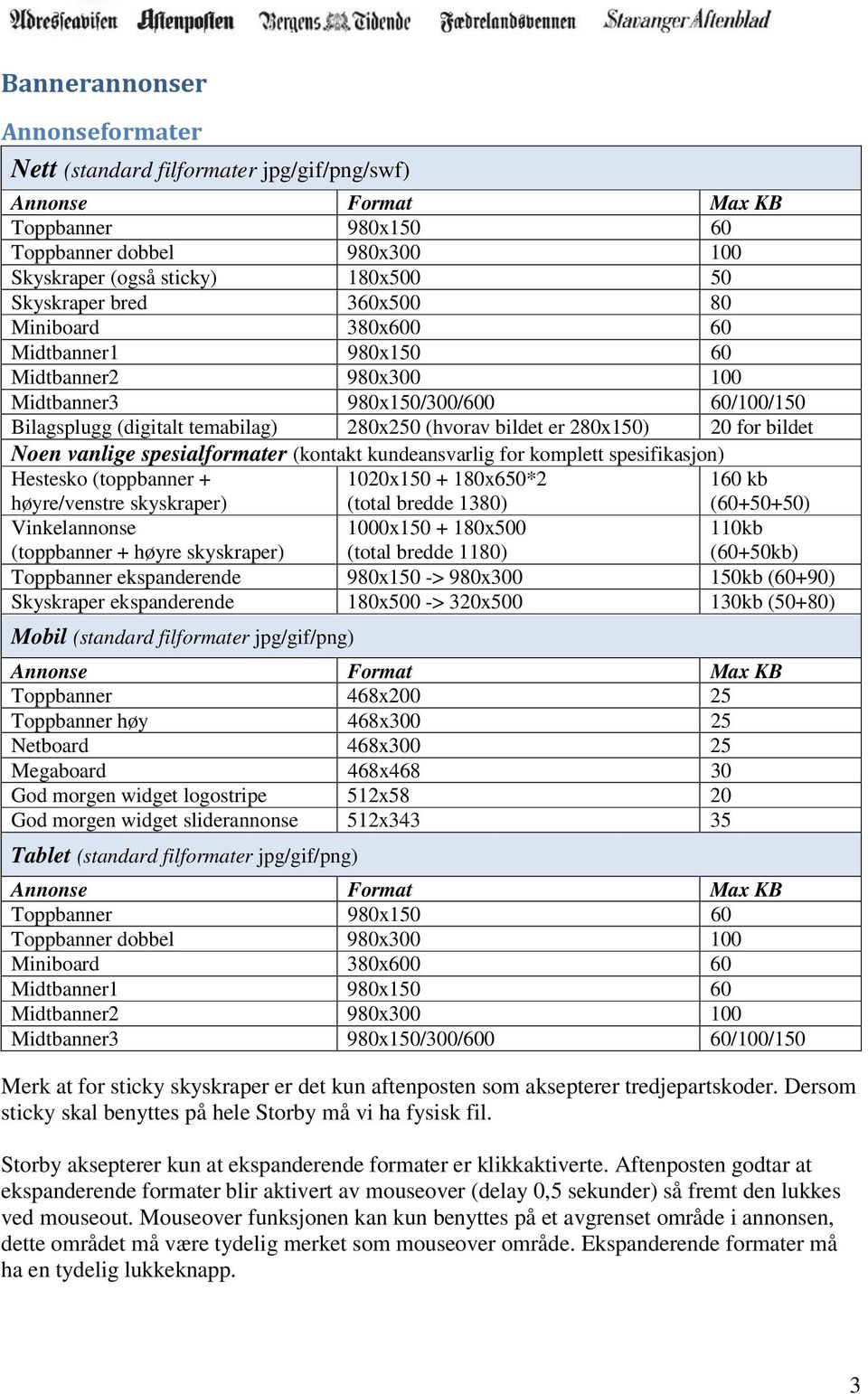 spesialformater (kontakt kundeansvarlig for komplett spesifikasjon) Hestesko (toppbanner + høyre/venstre skyskraper) 1020x150 + 180x650*2 (total bredde 1380) 160 kb (60+50+50) Vinkelannonse