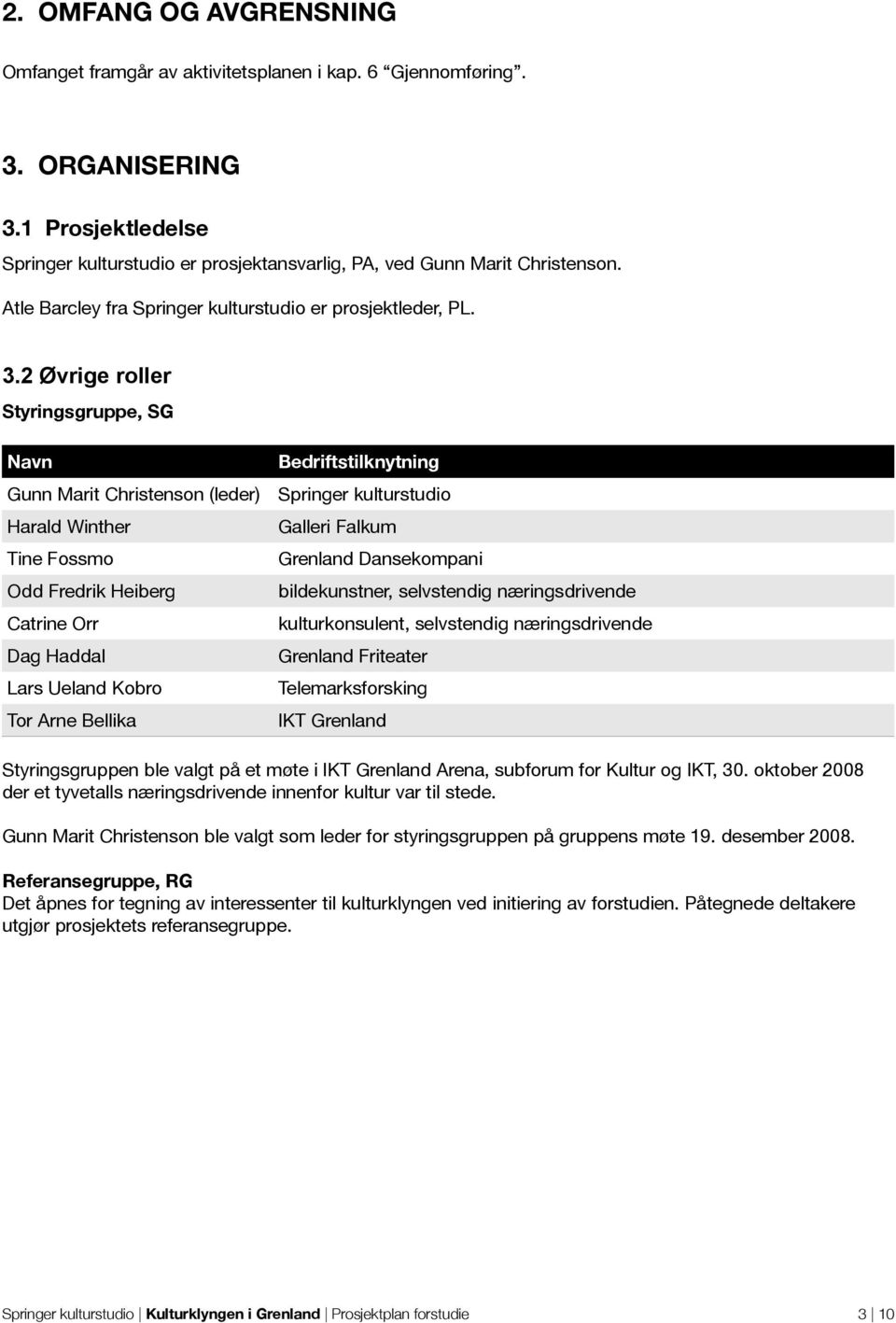 2 Øvrige roller Styringsgruppe, SG Navn Gunn Marit Christenson (leder) Harald Winther Tine Fossmo Odd Fredrik Heiberg Catrine Orr Dag Haddal Lars Ueland Kobro Tor Arne Bellika Bedriftstilknytning