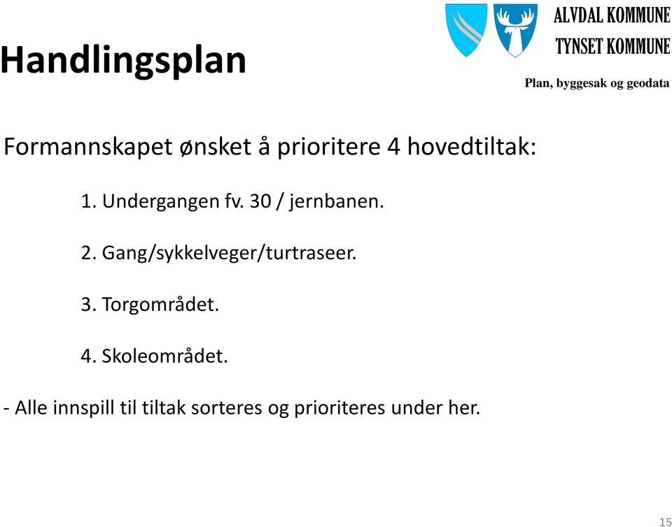 30 / jernbanen. 2. Gang/sykkelveger/turtraseer. 3. Torgområdet. 4.