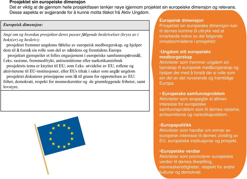 Europeisk dimensjon: Angi om og hvordan prosjektet deres passer følgende beskrivelser (kryss av i boks(er) og beskriv): prosjektet fremmer ungdoms følelse av europeisk medborgerskap, og hjelper dem