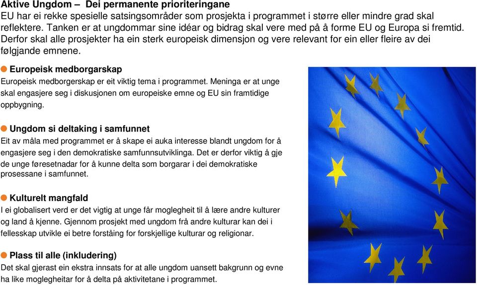 Derfor skal alle prosjekter ha ein sterk europeisk dimensjon og vere relevant for ein eller fleire av dei følgjande emnene.