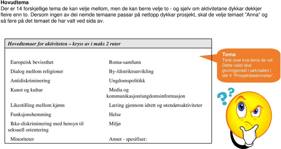 Hovedtemaer for aktiviteten kryss av i maks 2 ruter Europeisk bevissthet Dialog mellom religioner Antidiskriminering Kunst og kultur Likestilling mellom kjønn Funksjonshemming Ikke-diskriminering med