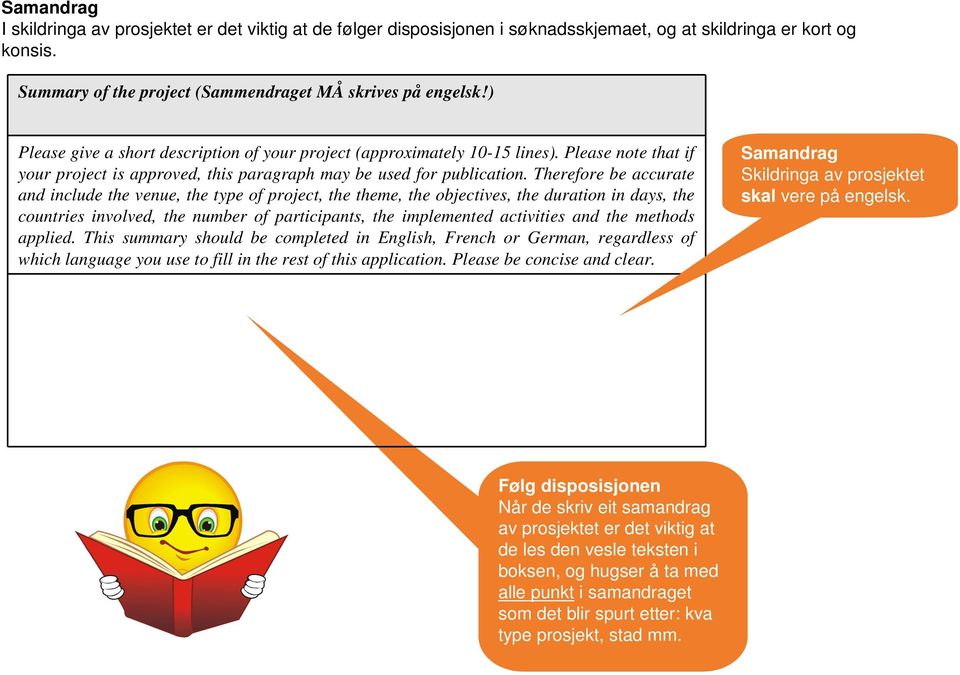 Therefore be accurate and include the venue, the type of project, the theme, the objectives, the duration in days, the countries involved, the number of participants, the implemented activities and