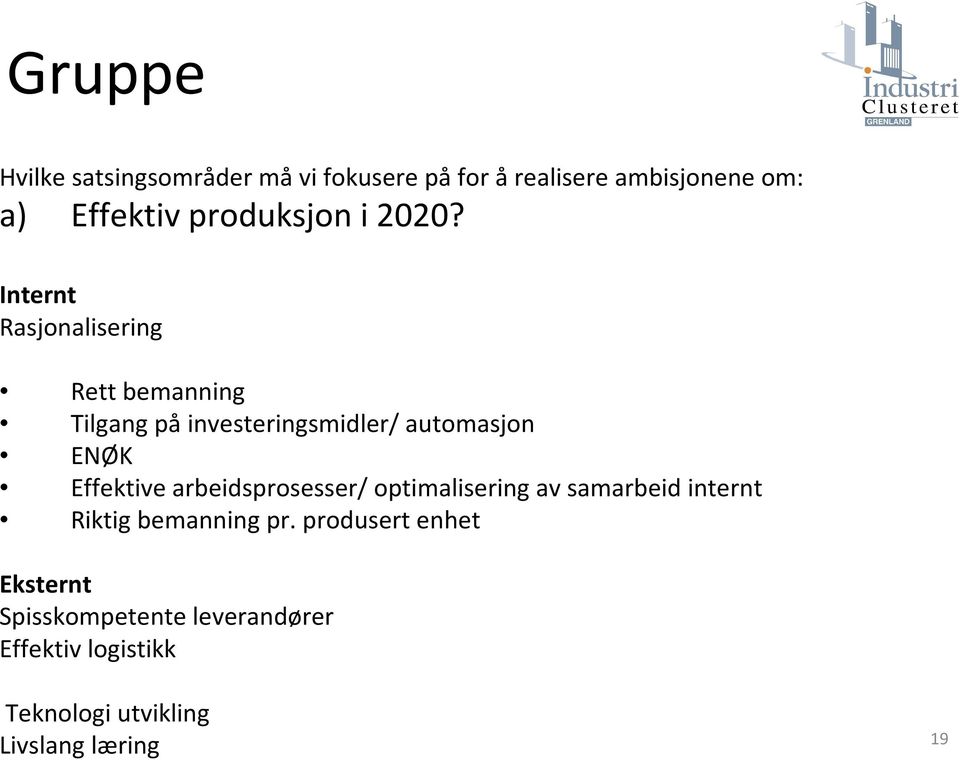 Internt Rasjonalisering Rett bemanning Tilgang på investeringsmidler/ automasjon ENØK Effektive