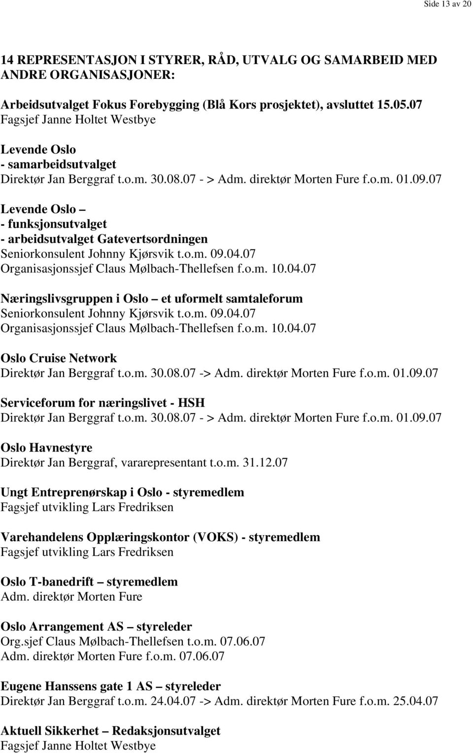 07 Levende Oslo - funksjonsutvalget - arbeidsutvalget Gatevertsordningen Seniorkonsulent Johnny Kjørsvik t.o.m. 09.04.