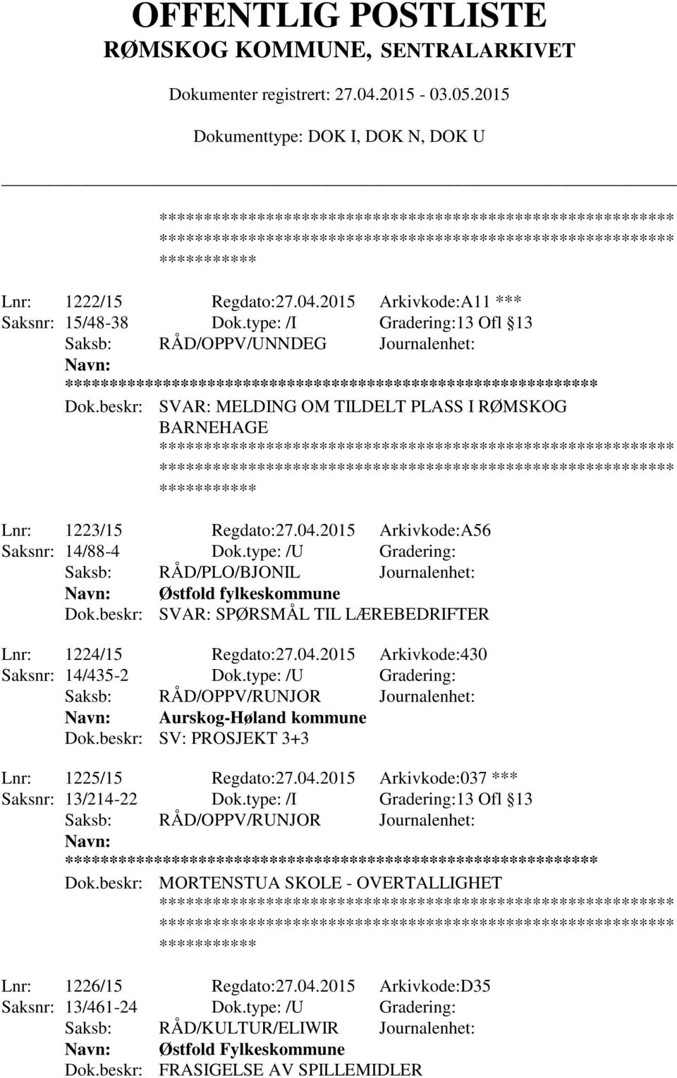 type: /U Gradering: Aurskog-Høland kommune Dok.beskr: SV: PROSJEKT 3+3 Lnr: 1225/15 Regdato:27.04.2015 Arkivkode:037 *** Saksnr: 13/214-22 Dok.type: /I Gradering:13 Ofl 13 ** Dok.