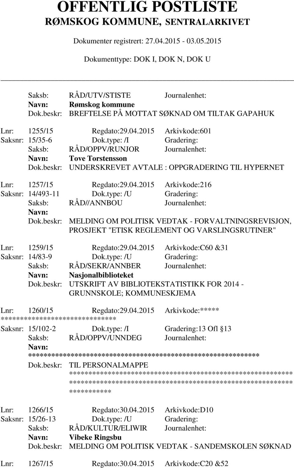 beskr: MELDING OM POLITISK VEDTAK - FORVALTNINGSREVISJON, PROSJEKT "ETISK REGLEMENT OG VARSLINGSRUTINER" Lnr: 1259/15 Regdato:29.04.2015 Arkivkode:C60 &31 Saksnr: 14/83-9 Dok.