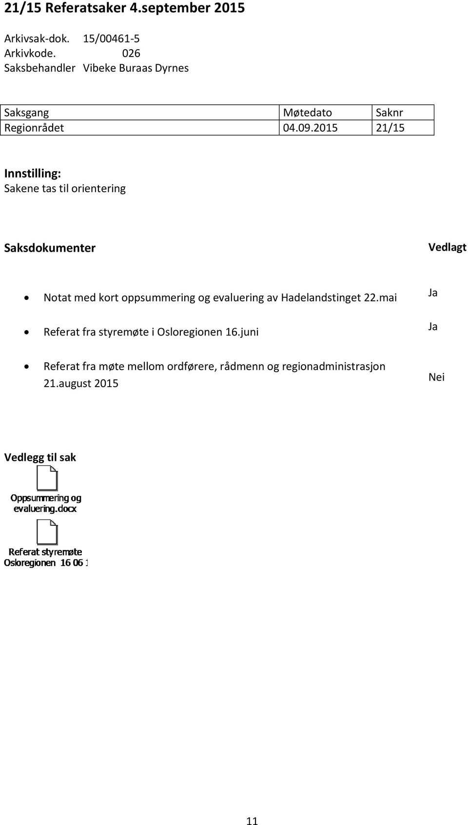 2015 21/15 Innstilling: Sakene tas til orientering Saksdokumenter Vedlagt Notat med kort oppsummering og