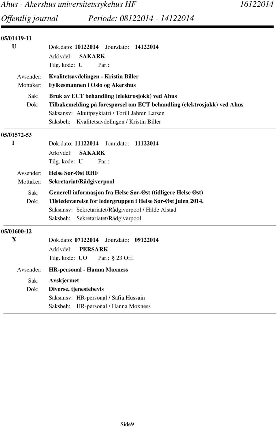 Akuttpsykiatri / Torill Jahren Larsen Saksbeh: Kvalitetsavdelingen / Kristin Biller 05/01572-53 I Dok.dato: 11122014 Jour.dato: 11122014 Tilg. kode: U Par.