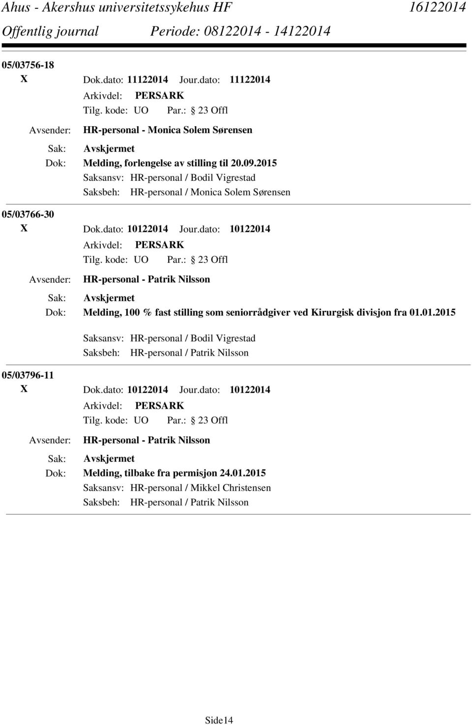 dato: 10122014 HR-personal - Patrik Nilsson Melding, 100 % fast stilling som seniorrådgiver ved Kirurgisk divisjon fra 01.01.2015 Saksansv: HR-personal / Bodil Vigrestad Saksbeh: HR-personal / Patrik Nilsson 05/03796-11 X Dok.