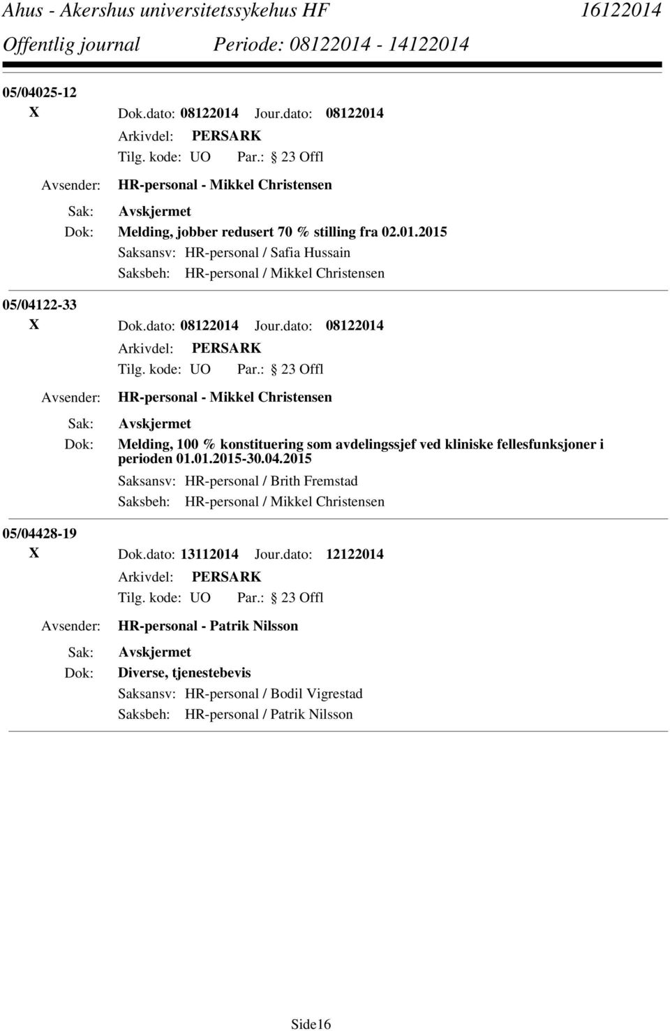 04.2015 Saksansv: HR-personal / Brith Fremstad Saksbeh: HR-personal / Mikkel Christensen 05/04428-19 X Dok.dato: 13112014 Jour.