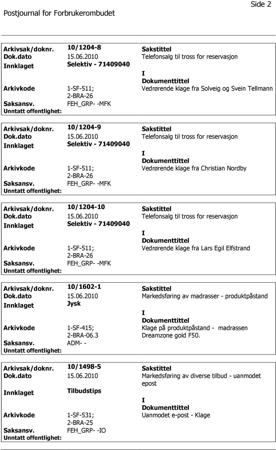 10/1204-10 Sakstittel nnklaget Selektiv - 71409040 2-BRA-26 Vedrørende klage fra Lars Egil Elfstrand Arkivsak/doknr. 10/1602-1 Sakstittel Dok.dato 15.06.