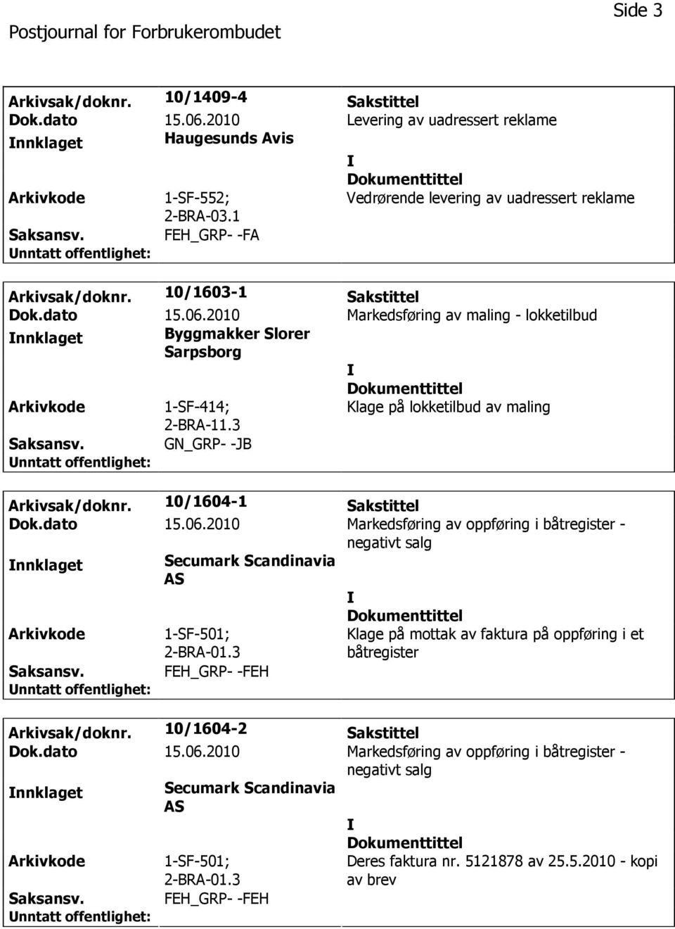 2010 Markedsføring av maling - lokketilbud nnklaget Byggmakker Slorer Sarpsborg Arkivkode 1-SF-414; 2-BRA-11.3 Klage på lokketilbud av maling Saksansv. GN_GRP- -JB Arkivsak/doknr.