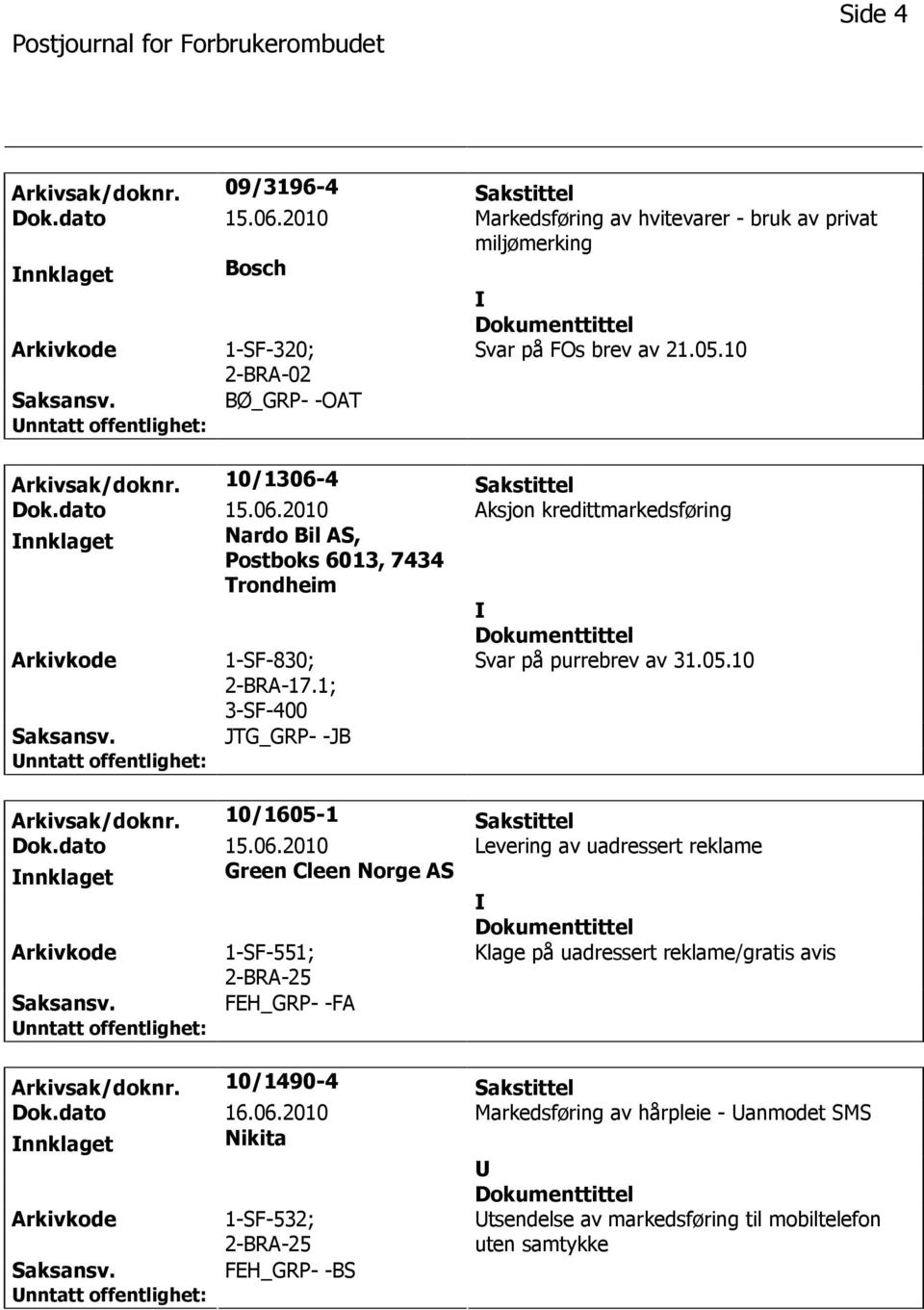 1; 3-SF-400 Svar på purrebrev av 31.05.10 Saksansv. JTG_GRP- -JB Arkivsak/doknr. 10/1605-1 Sakstittel Dok.dato 15.06.