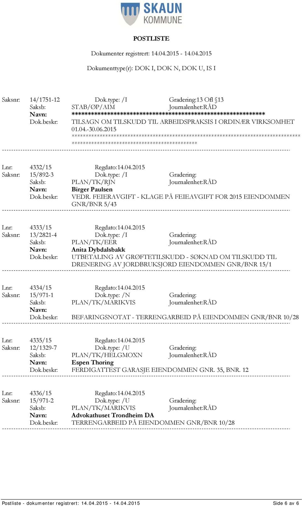 type: /I Gradering: Saksb: PLAN/TK/EER Journalenhet:RÅD Anita Dybdalsbakk UTBETALING AV GRØFTETILSKUDD - SØKNAD OM TILSKUDD TIL DRENERING AV JORDBRUKSJORD EIENDOMMEN GNR/BNR 15/1 Lnr: 4334/15