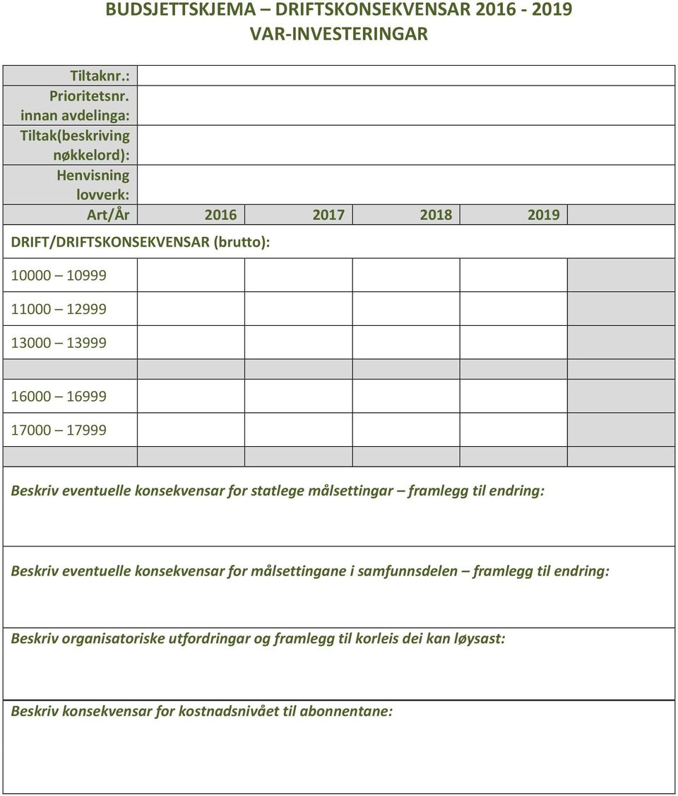 10999 11000 12999 13000 13999 16000 16999 17000 17999 Beskriv eventuelle konsekvensar for statlege målsettingar framlegg til