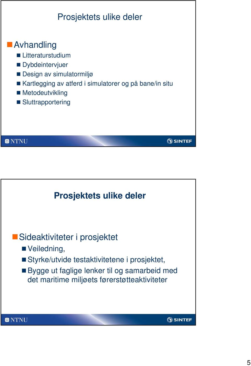 Prosjektets ulike deler Sideaktiviteter i prosjektet Veiledning, Styrke/utvide testaktivitetene