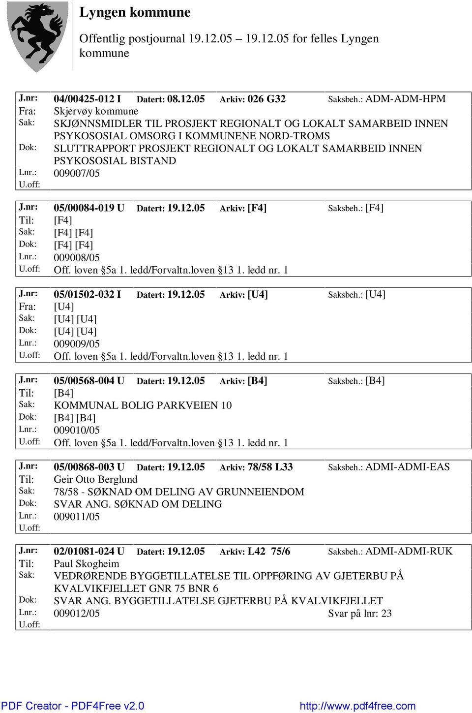 INNEN PSYKOSOSIAL BISTAND Lnr.: 009007/05 J.nr: 05/00084-019 U Datert: 19.12.05 Arkiv: [F4] Saksbeh.: [F4] Lnr.: 009008/05 Off. loven 5a 1. ledd/forvaltn.loven 13 1. ledd nr. 1 J.