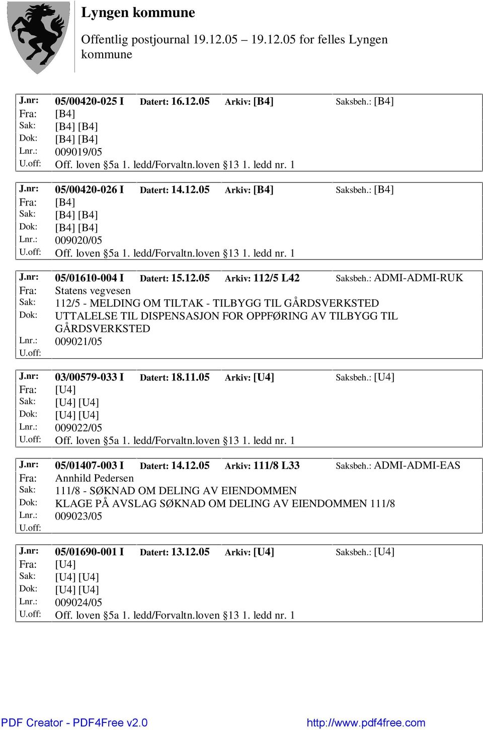 nr: 05/01610-004 I Datert: 15.12.05 Arkiv: 112/5 L42 Saksbeh.