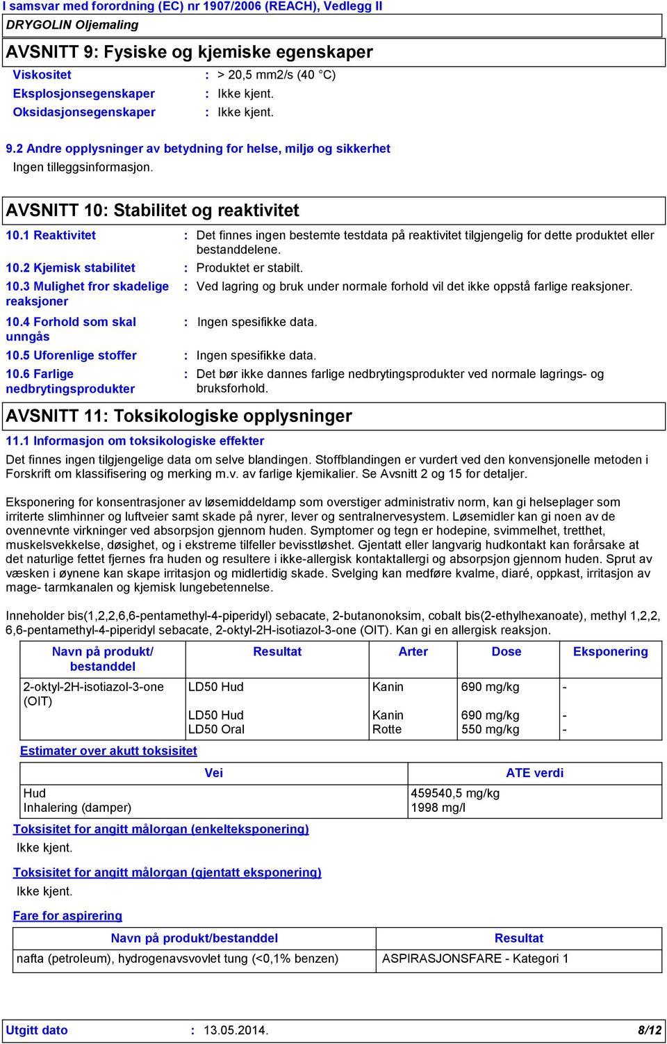 1 Reaktivitet Det finnes ingen bestemte testdata på reaktivitet tilgjengelig for dette produktet eller bestanddelene. 10.2 Kjemisk stabilitet 10.3 Mulighet fror skadelige reaksjoner 10.