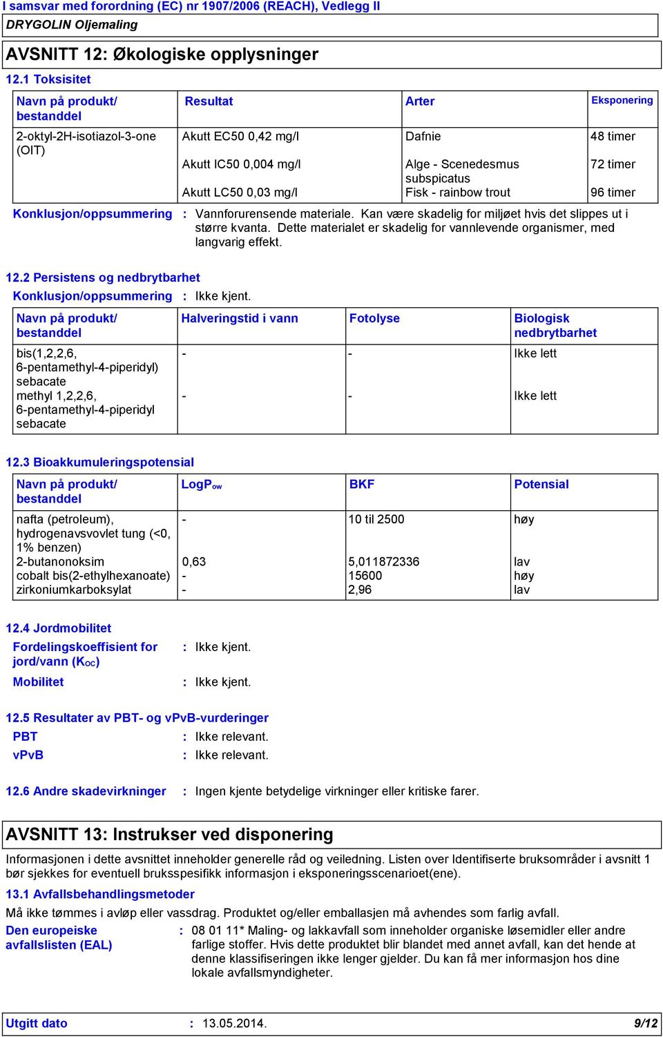 Scenedesmus 72 timer subspicatus Akutt LC50 0,03 mg/l Fisk - rainbow trout 96 timer Vannforurensende materiale. Kan være skadelig for miljøet hvis det slippes ut i større kvanta.