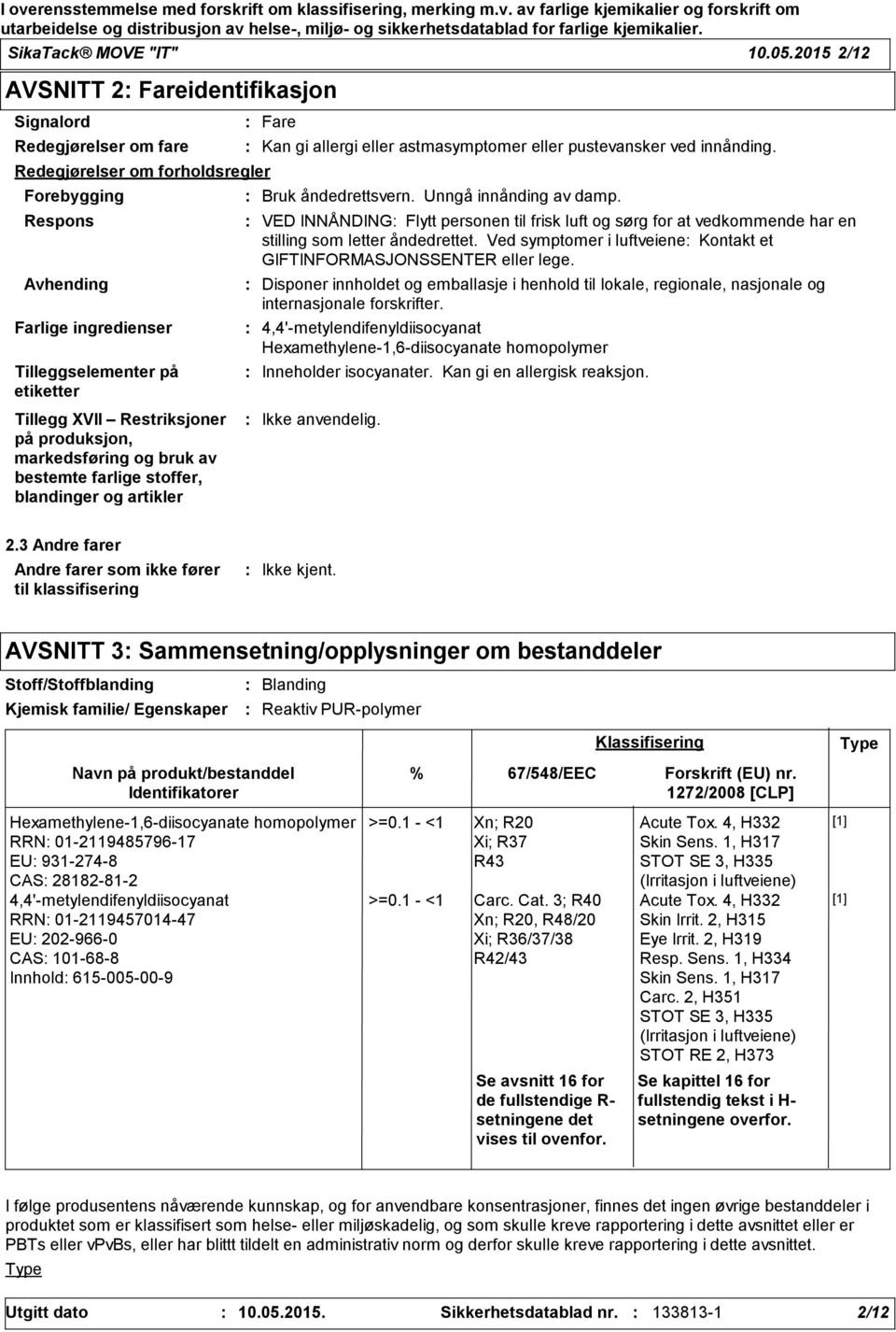 Restriksjoner på produksjon, markedsføring og bruk av bestemte farlige stoffer, blandinger og artikler Fare Kan gi allergi eller astmasymptomer eller pustevansker ved innånding. Bruk åndedrettsvern.