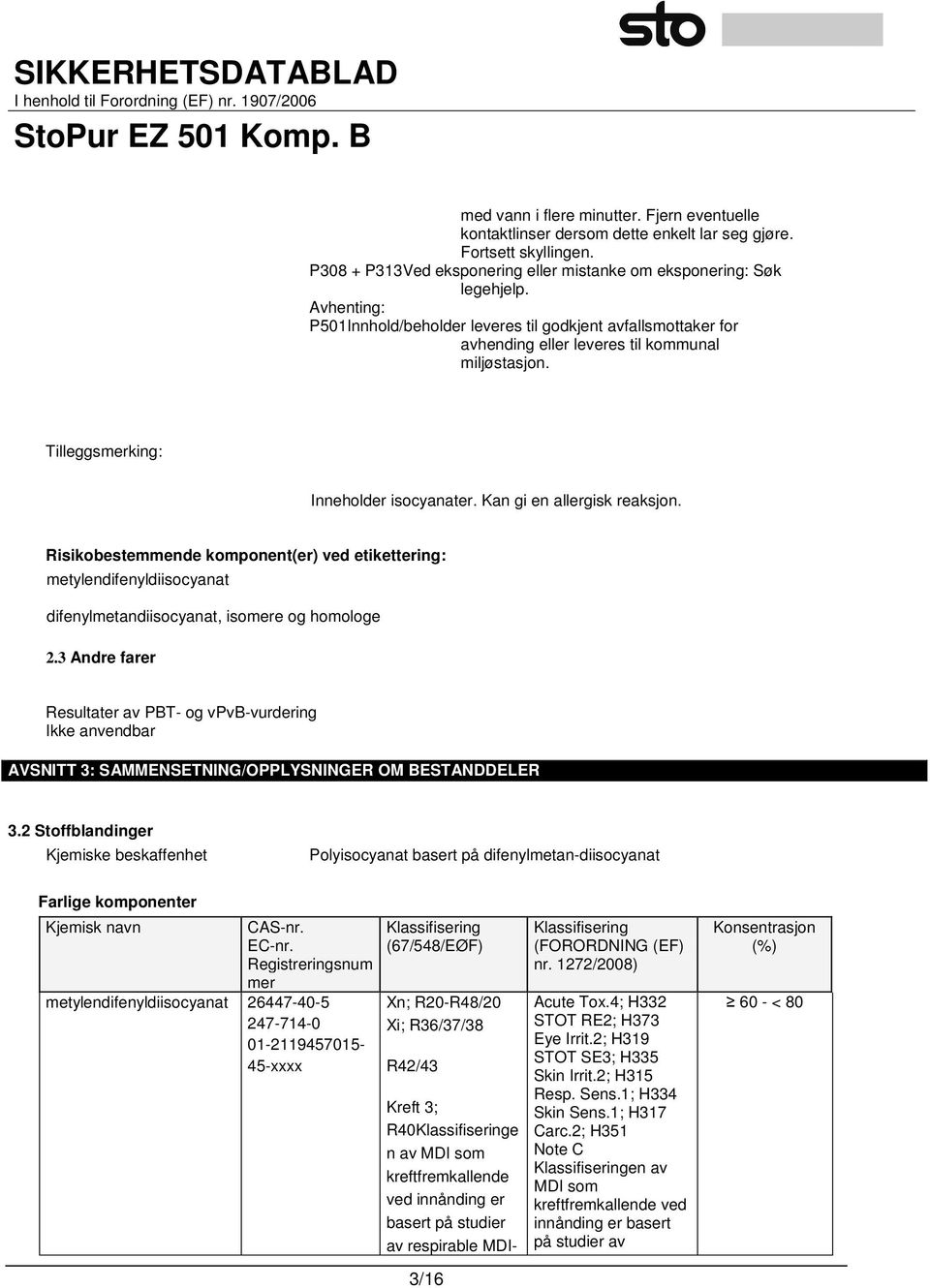 Risikobestemmende komponent(er) ved etikettering: metylendifenyldiisocyanat difenylmetandiisocyanat, isomere og homologe 2.