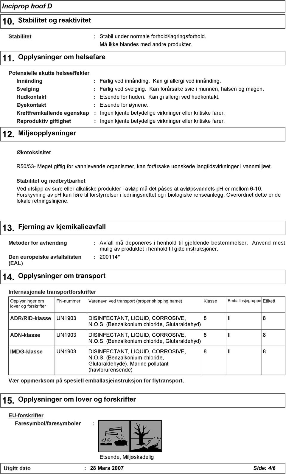 Hudkontakt Etsende for huden. Kan gi allergi ved hudkontakt. Øyekontakt Etsende for øynene. Kreftfremkallende egenskap Ingen kjente betydelige virkninger eller kritiske farer.