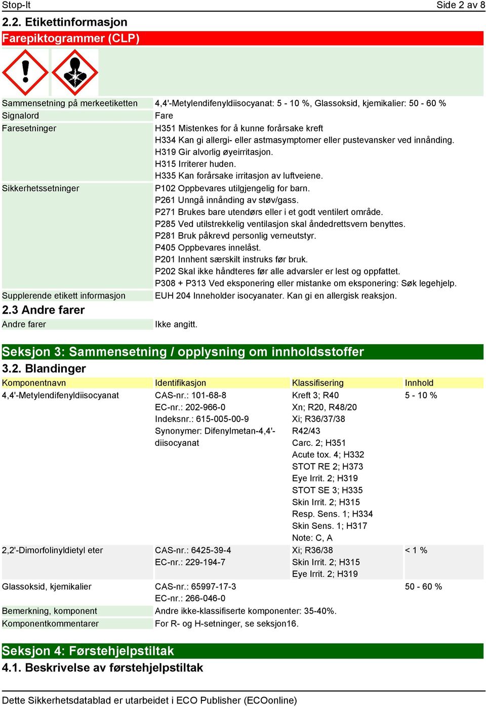 2. Etikettinformasjon Farepiktogrammer (CLP) Sammensetning på merkeetiketten 4,4'-Metylendifenyldiisocyanat: 5-10 %, Glassoksid, kjemikalier: 50-60 % Signalord Fare Faresetninger H351 Mistenkes for å