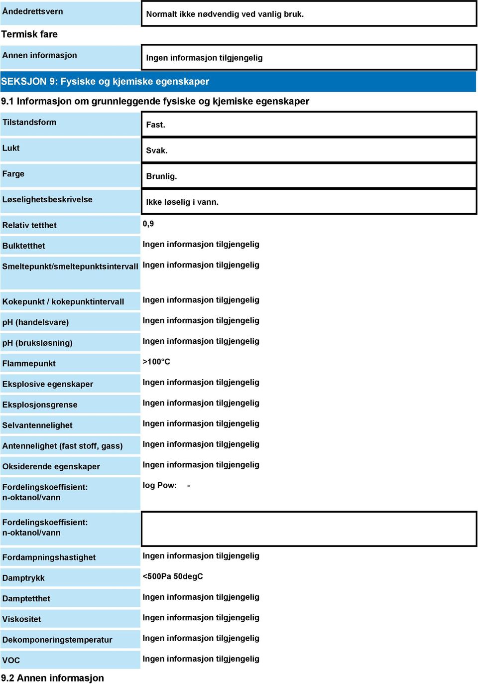 Relativ tetthet 0,9 Bulktetthet Smeltepunkt/smeltepunktsintervall Kokepunkt / kokepunktintervall ph (handelsvare) ph (bruksløsning) Flammepunkt Eksplosive egenskaper Eksplosjonsgrense