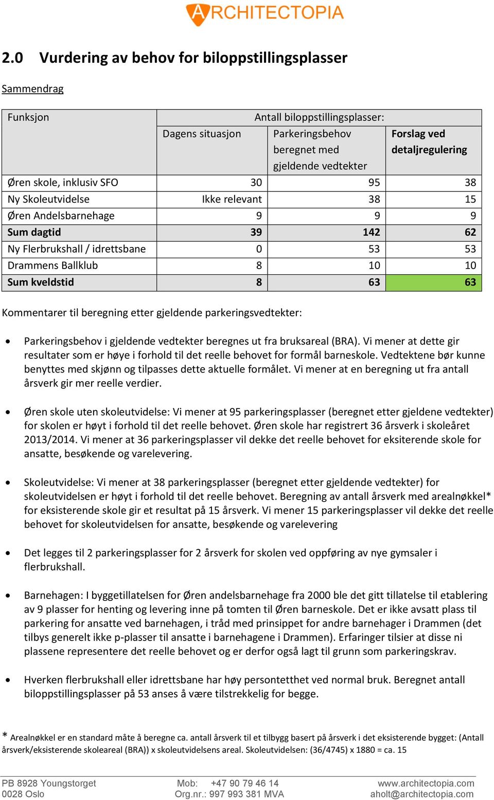 Kommentarer til beregning etter gjeldende parkeringsvedtekter: Parkeringsbehov i gjeldende vedtekter beregnes ut fra bruksareal (BRA).