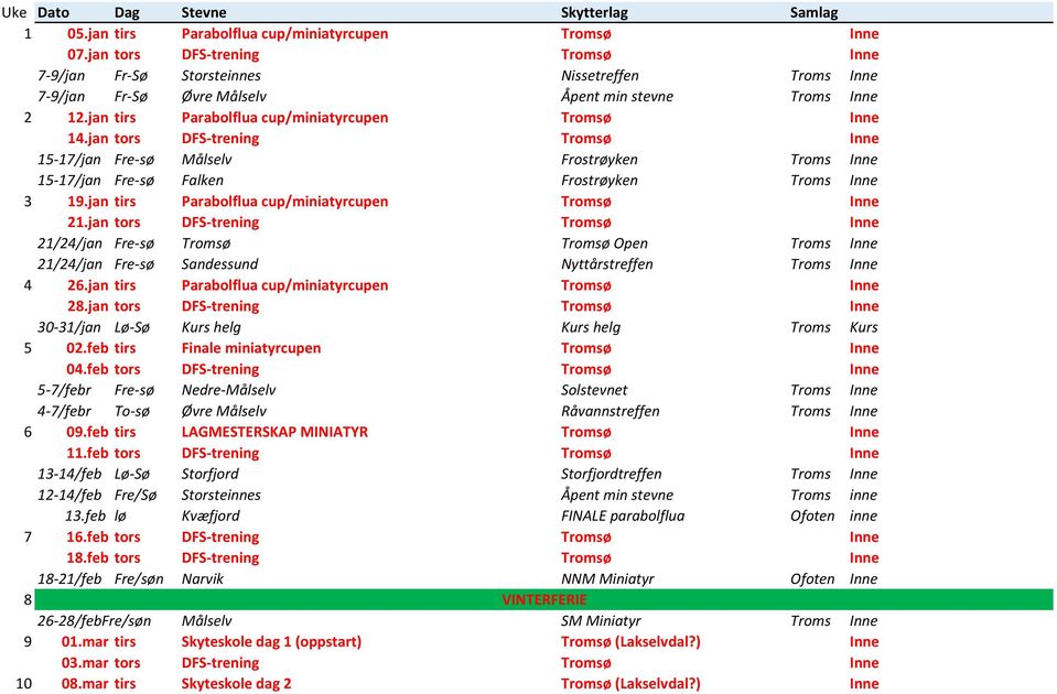 jan tors DFS-trening Tromsø Inne 15-17/jan Fre-sø Målselv Frostrøyken Troms Inne 15-17/jan Fre-sø Falken Frostrøyken Troms Inne 3 19.jan tirs Parabolflua cup/miniatyrcupen Tromsø Inne 21.