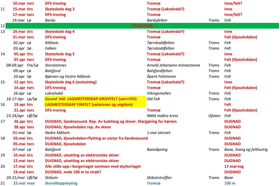 apr Sø Falken Tørrskoddfelten Troms Felt 14 05.apr tirs Skyteskole dag 5 Tromsø (Lakselvdal?) Inne 07.apr tors DFS-trening Tromsø Felt (Kjoselvdalen) 08-09.