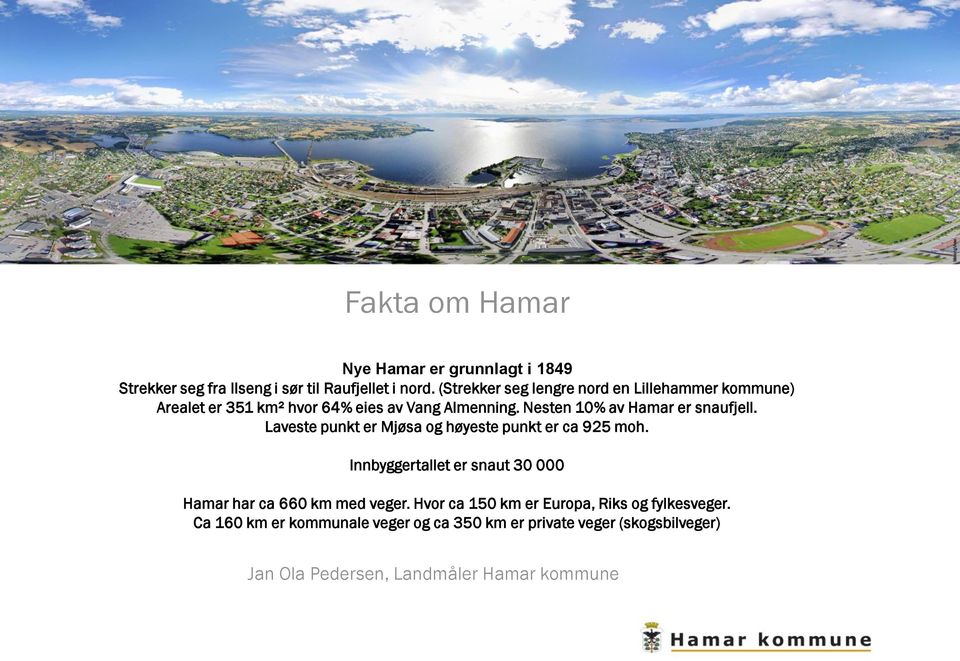 Nesten 10% av Hamar er snaufjell. Laveste punkt er Mjøsa og høyeste punkt er ca 925 moh.