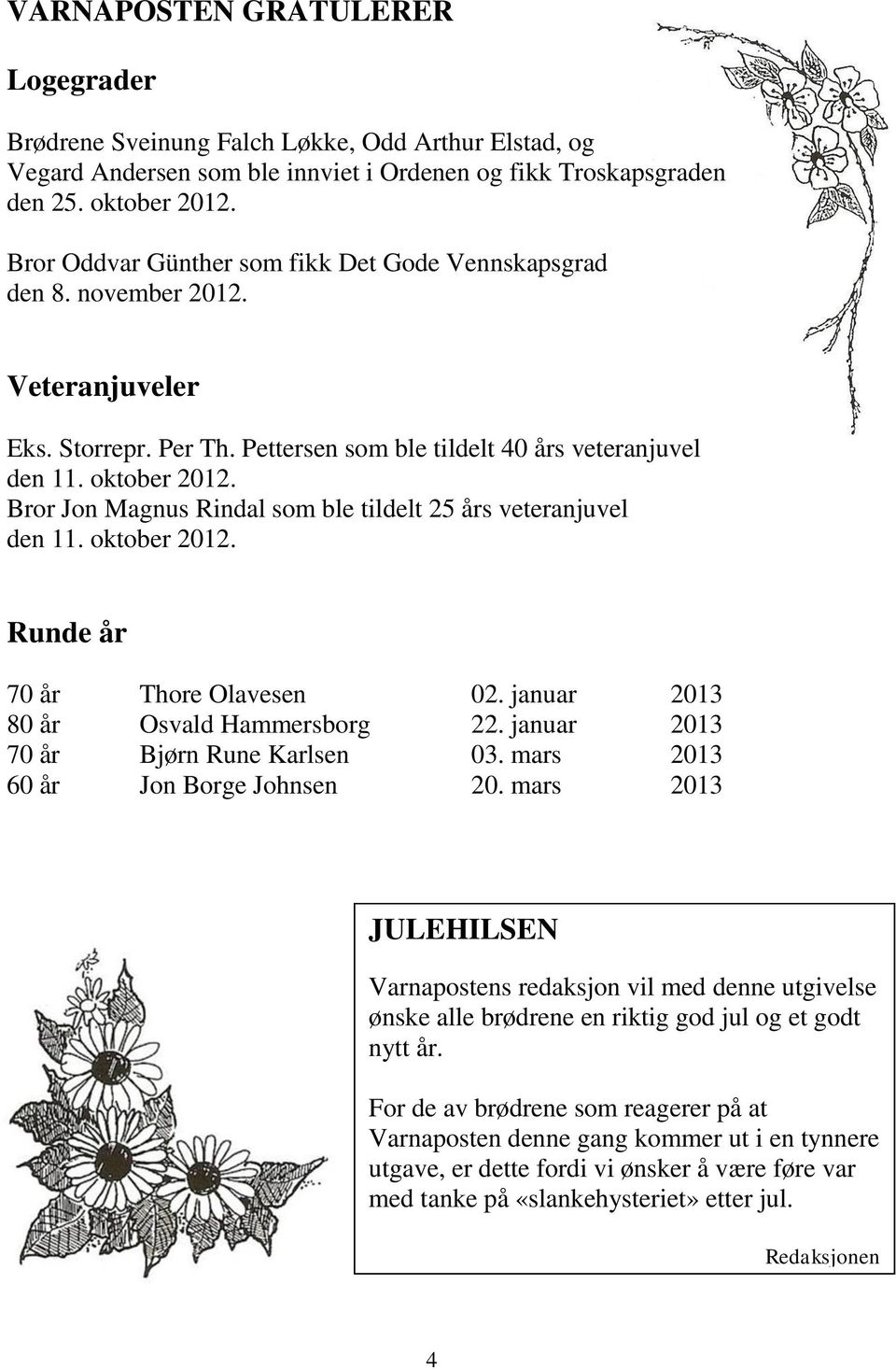 Bror Jon Magnus Rindal som ble tildelt 25 års veteranjuvel den 11. oktober 2012. Runde år 70 år Thore Olavesen 02. januar 2013 80 år Osvald Hammersborg 22. januar 2013 70 år Bjørn Rune Karlsen 03.