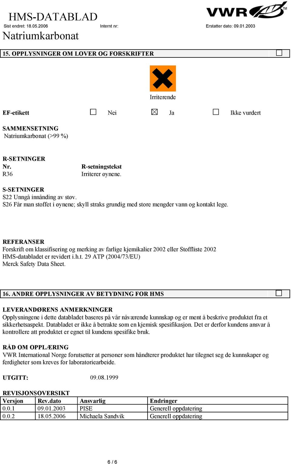 REFERANSER Forskrift om klassifisering og merking av farlige kjemikalier 2002 eller Stoffliste 2002 HMS-databladet er revidert i.h.t. 29 ATP (2004/73/EU) Merck Safety Data Sheet. 16.