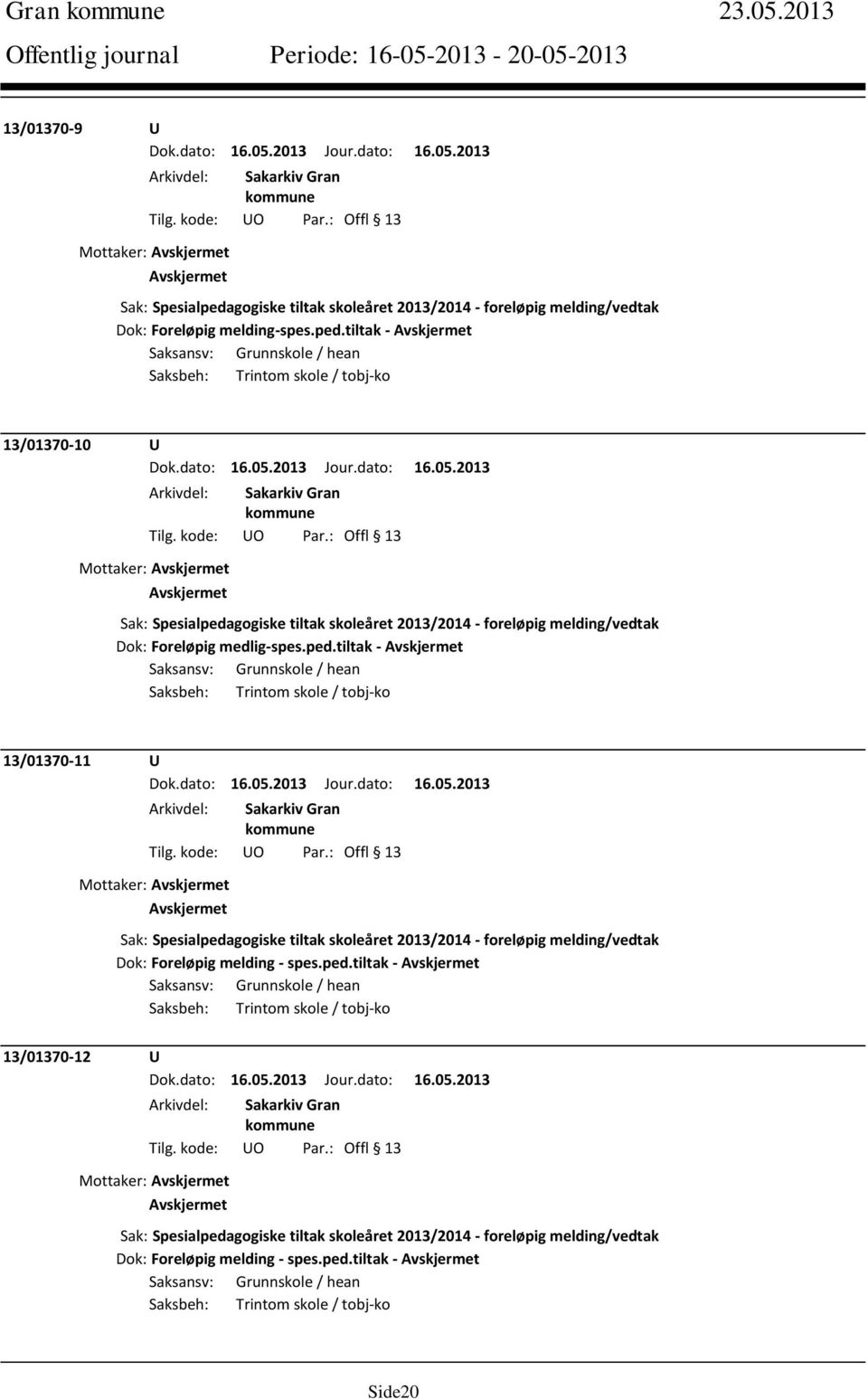 tiltak - Avskjermet Saksansv: Grunnskole / hean Saksbeh: Trintom skole / tobj-ko 13/01370-10 U Avskjermet Sak: Spesialpedagogiske tiltak skoleåret 2013/2014 - foreløpig melding/vedtak Dok: Foreløpig