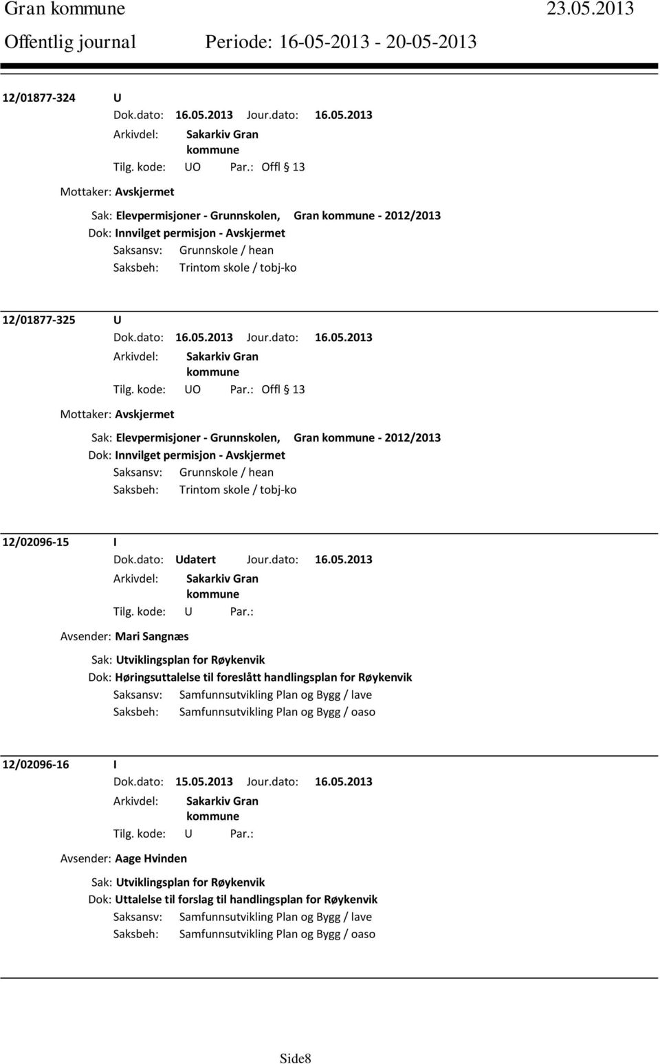 Elevpermisjoner - Grunnskolen, Gran - 2012/2013 Dok: Innvilget permisjon - Avskjermet Saksansv: Grunnskole / hean Saksbeh: Trintom skole / tobj-ko 12/02096-15 I Dok.dato: Udatert Jour.dato: 16.05.