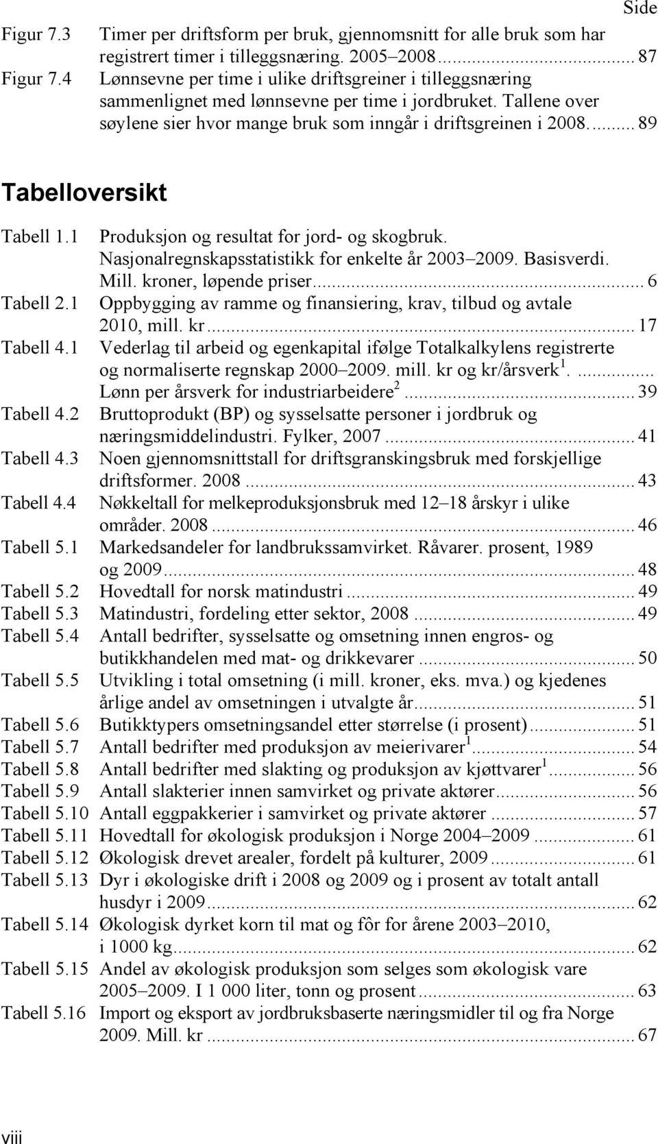 .. 89 Tabelloversikt Tabell 1.1 Tabell 2.1 Tabell 4.1 Tabell 4.2 Tabell 4.3 Tabell 4.4 Produksjon og resultat for jord- og skogbruk. Nasjonalregnskapsstatistikk for enkelte år 2003 2009. Basisverdi.