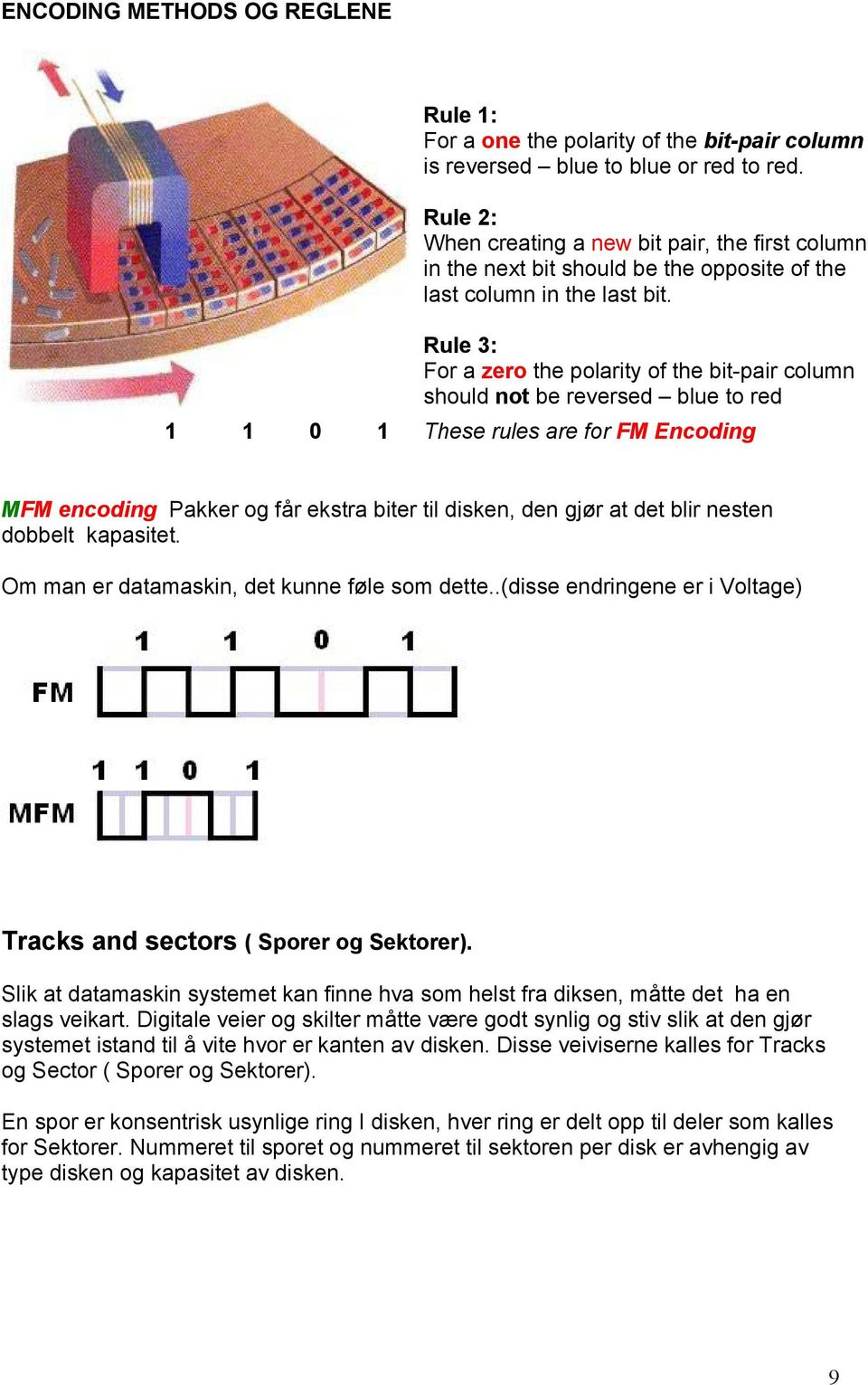 Rule 3: For a zero the polarity of the bit-pair column should not be reversed blue to red 1 1 0 1 These rules are for FM Encoding MFM encoding Pakker og får ekstra biter til disken, den gjør at det