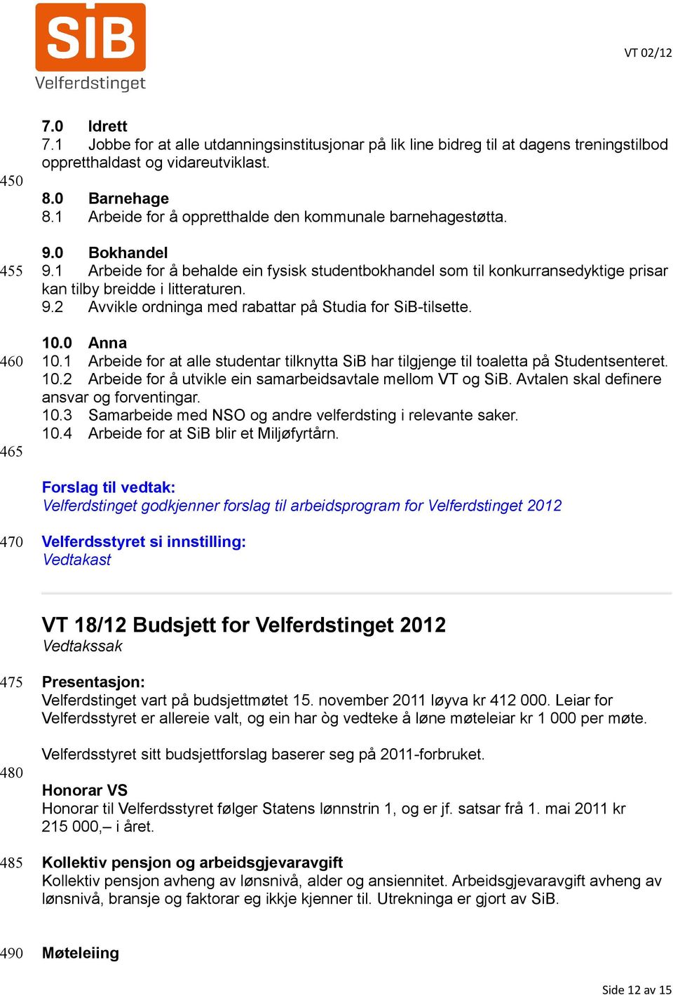 10.0 Anna 10.1 Arbeide for at alle studentar tilknytta SiB har tilgjenge til toaletta på Studentsenteret. 10.2 Arbeide for å utvikle ein samarbeidsavtale mellom VT og SiB.