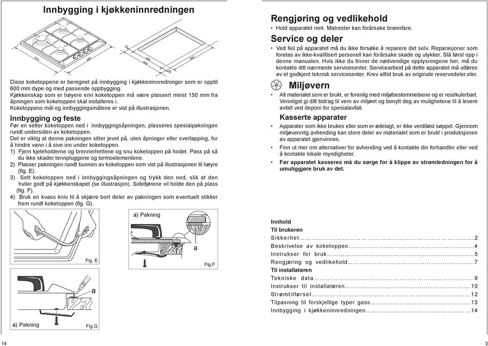 Innbygging og feste Før en setter koketoppen ned i innbyggingsåpningen, plasseres spesialpakningen rundt undersiden av koketoppen.